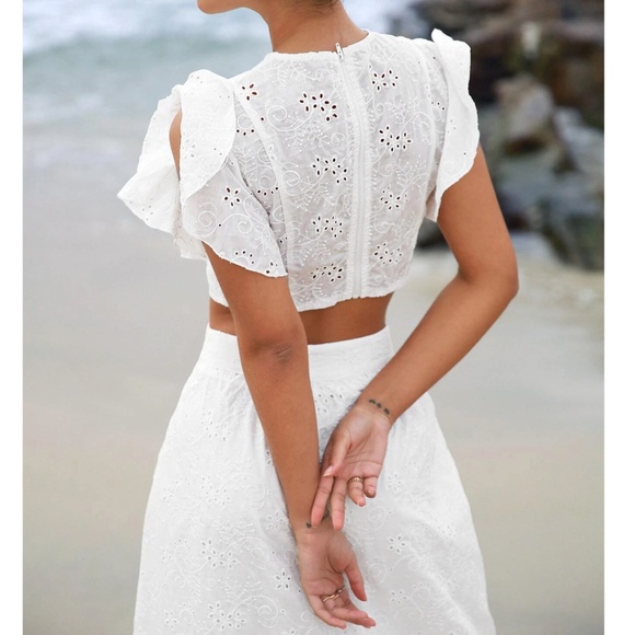 Boho White Eyelet Ruffle Sleeve Top Maxi Skirt Set - Picture 4 of 8